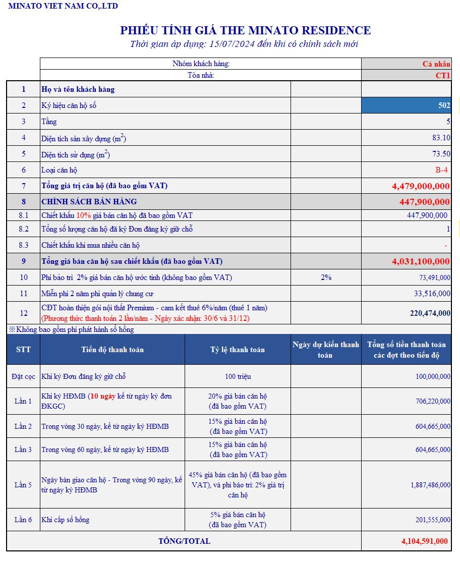 Bảng tính giá tại dự án tính từ ngày 15/07/2024